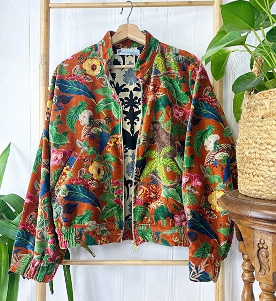 Printed Velvet Bomber Jacket with Indian Silk