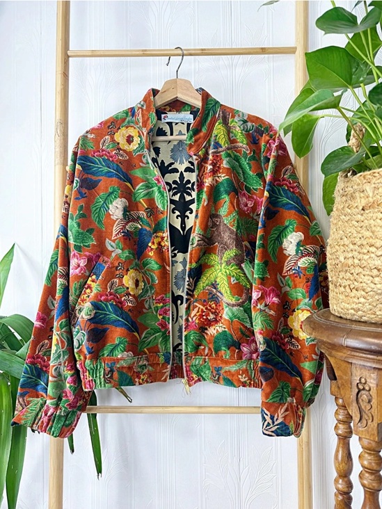 Printed Velvet Bomber Jacket with Indian Silk - Image 2