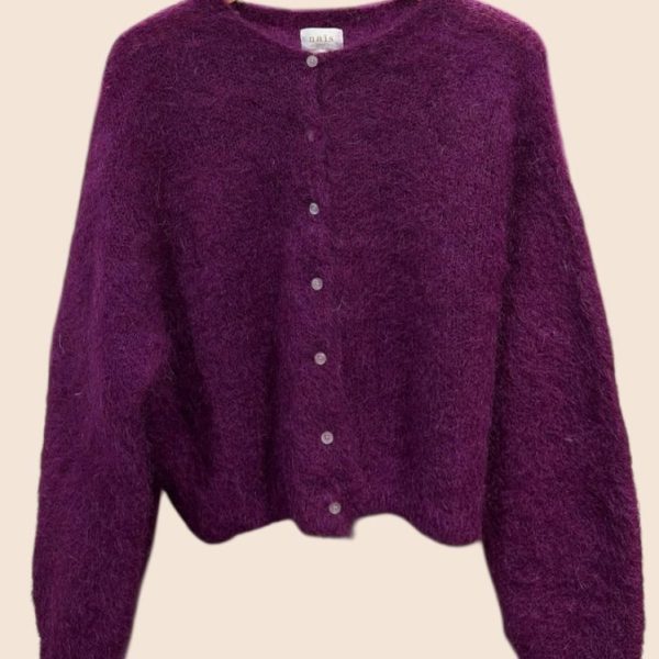 80% Kid Mohair Short Round-Neck Cardigan Eggplant
