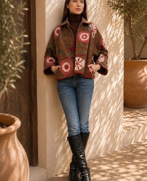 Corduroy Suzani Jacket Brown