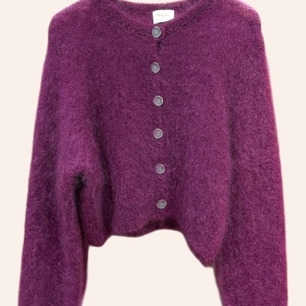 80% Kid Mohair Short Round-Neck Buttoned Cardigan Eggplant