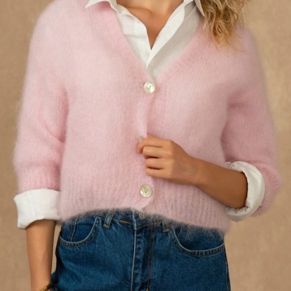 80% Mohair Cropped V-Neck Cardigan Blush Pink