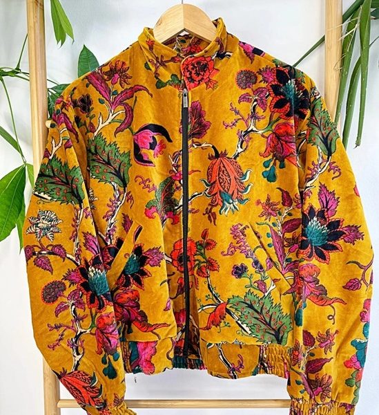Printed Velvet Bomber Jacket with Indian Silk