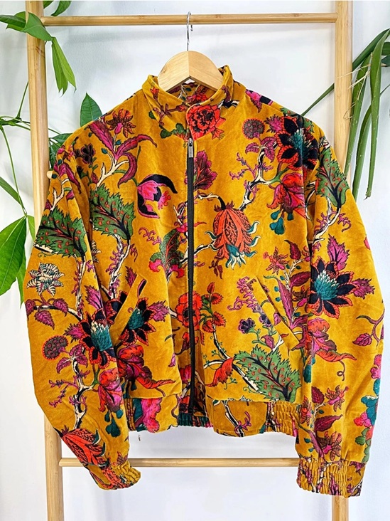 Printed Velvet Bomber Jacket with Indian Silk - Image 2