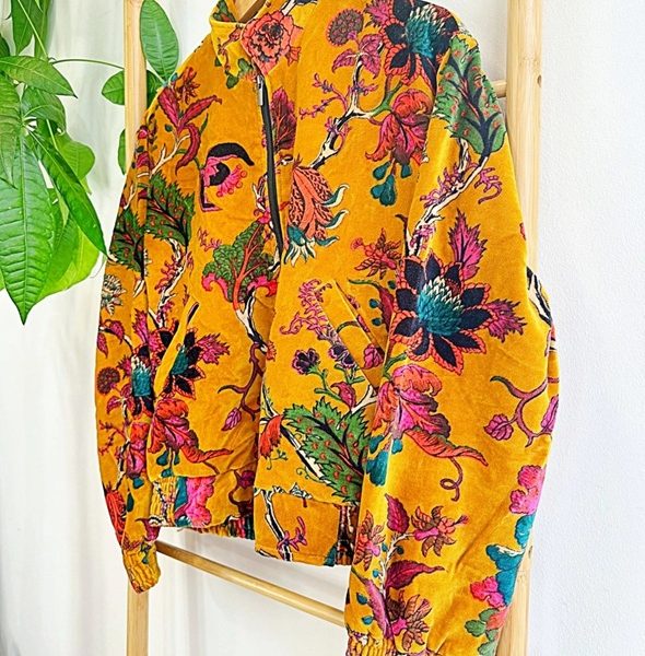 Printed Velvet Bomber Jacket with Indian Silk