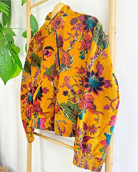 Printed Velvet Bomber Jacket with Indian Silk