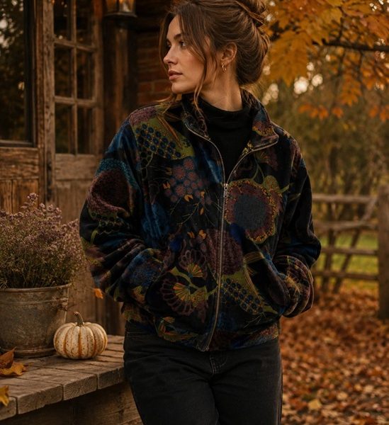 Printed Velvet Bomber Jacket with Indian Silk Black