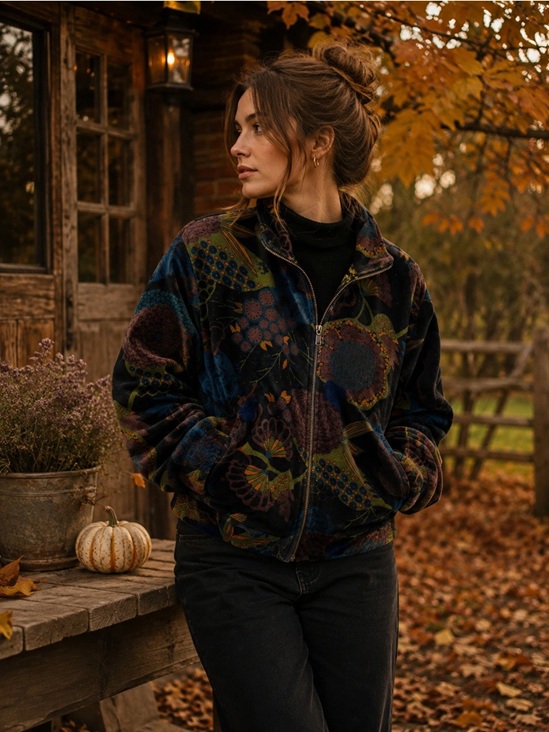 Printed Velvet Bomber Jacket with Indian Silk Black - Image 2