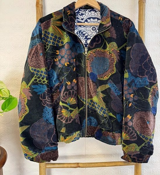 Printed Velvet Bomber Jacket with Indian Silk Black