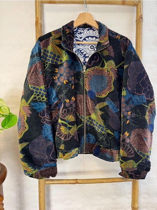 Printed Velvet Bomber Jacket with Indian Silk Black