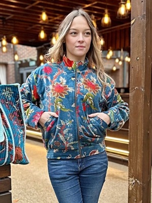 Printed Velvet Bomber Jacket with Indian Silk Blue