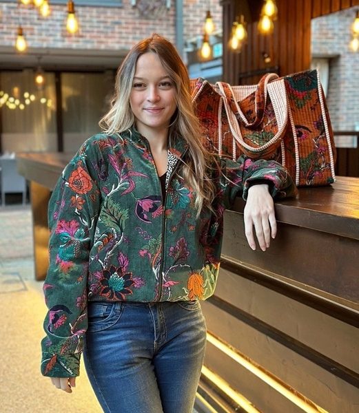 Printed Velvet Bomber Jacket with Indian Silk Forest Green