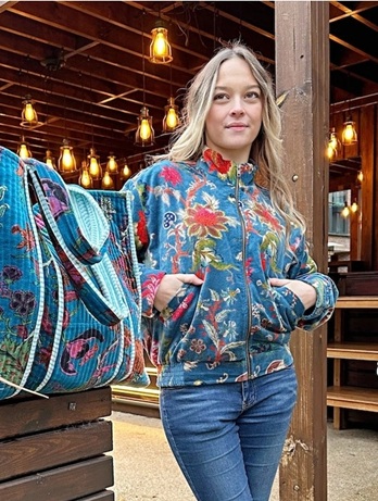 Printed Velvet Bomber Jacket with Indian Silk Blue