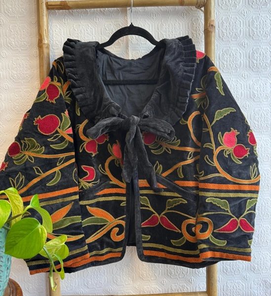 Velvet Open Jacket with Threaded Embroidery