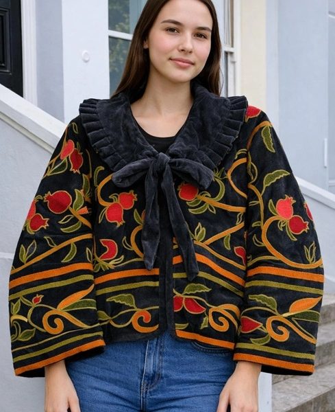 Velvet Open Jacket with Threaded Embroidery