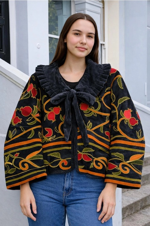 Velvet Open Jacket with Threaded Embroidery - Image 2