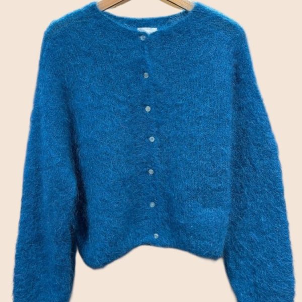 80% Kid Mohair Round-Neck Cardigan in Petrol Blue